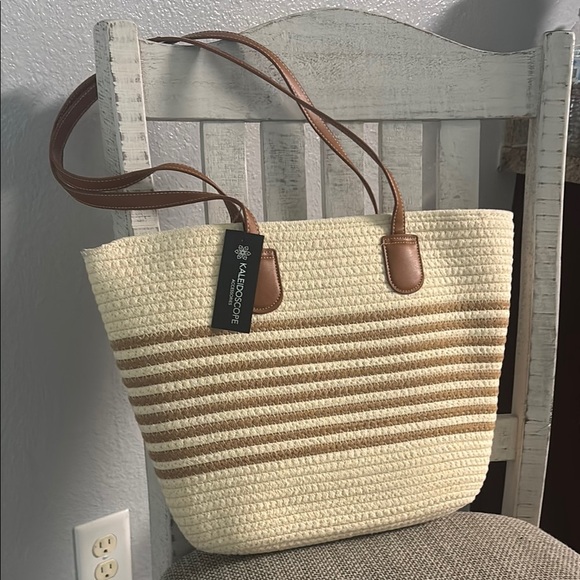 Cream and Brown Striped Tote Bag with Leather Handles - Picture 1 of 8